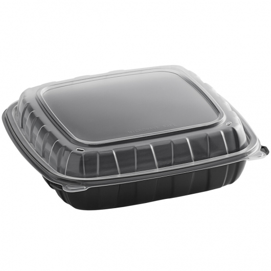Hinged Container Black Plastic with Clear Lid 9" x 9" x 3"