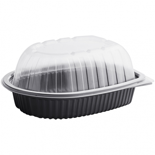 Microwavable Black and Clear Chicken Roaster Container with High Dome Lid 10"