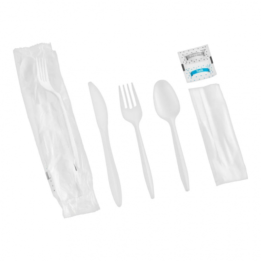White Plastic Cutlery Kit with Knife, Fork, Spoon, Napkin, S&P