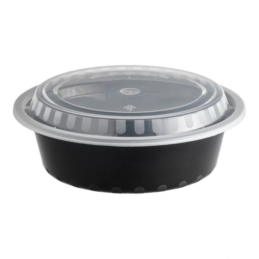 Round Microwavable Take-Out Container Black Plastic with Clear Lid 32 oz