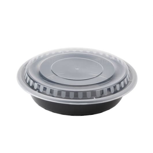 9" Round Microwavable Take-Out Container Black Plastic with Clear Lid 43 oz