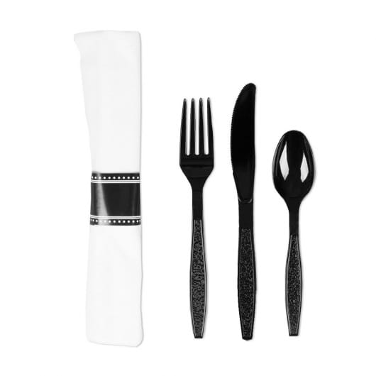 Wrapped Black Plastic Cutlery Kit with Pre-Rolled Linen-Feel Napkin