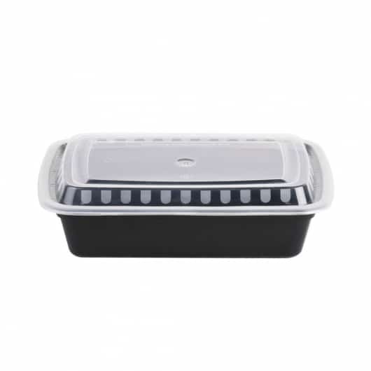 Rectangular Microwavable Take-Out Container Black Plastic with Clear Lid 38 oz