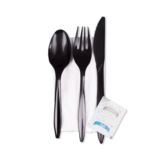 Wrapped Heavy Weight Black Plastic Cutlery Kit with Salt and Pepper