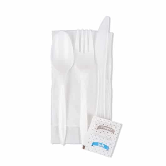 Wrapped White Plastic Cutlery Kit with Salt and Pepper